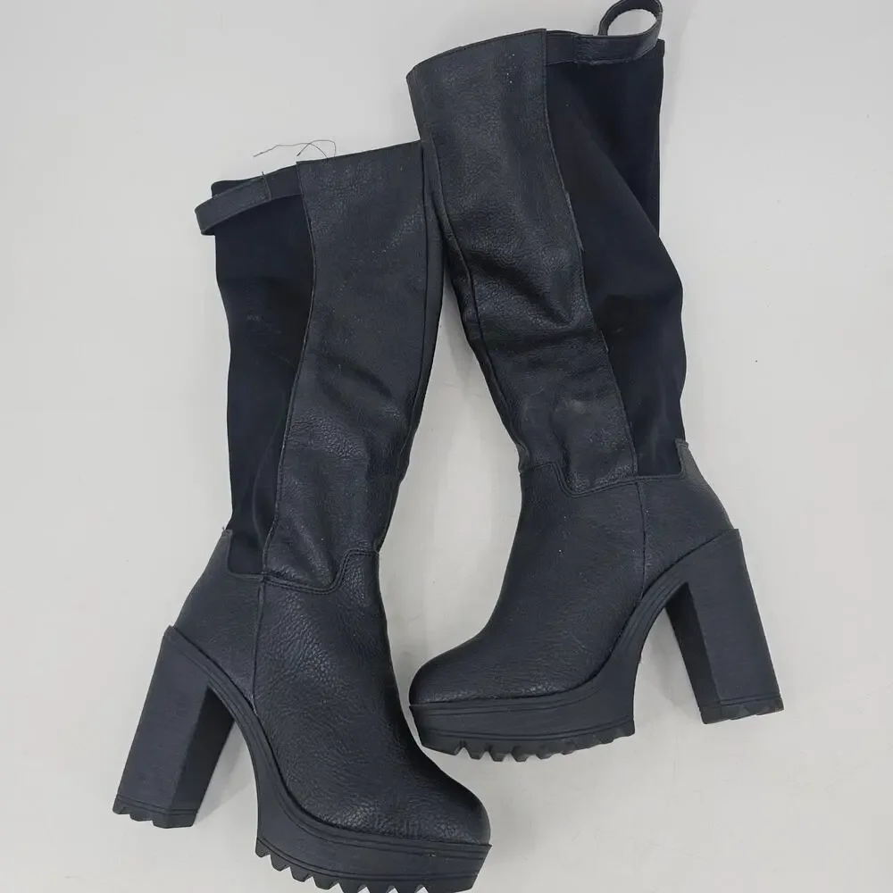 Torrid Black Vegan Leather Tall Knee Chunky Heeled Boot Stretchy Calf Womens 8 W